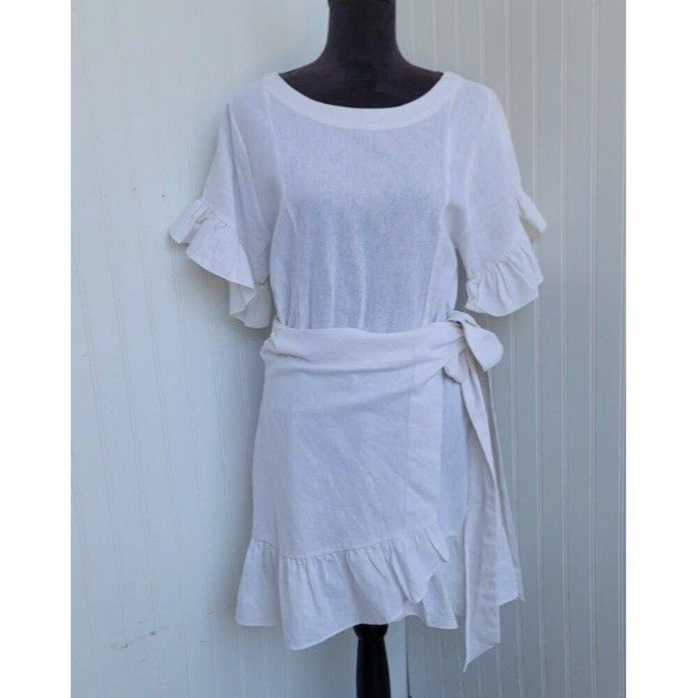 Socialite Ruffle Flare Wrap Tie Linen Blend Dress Women Stylish Ivoy Sz S - Picture 2 of 7